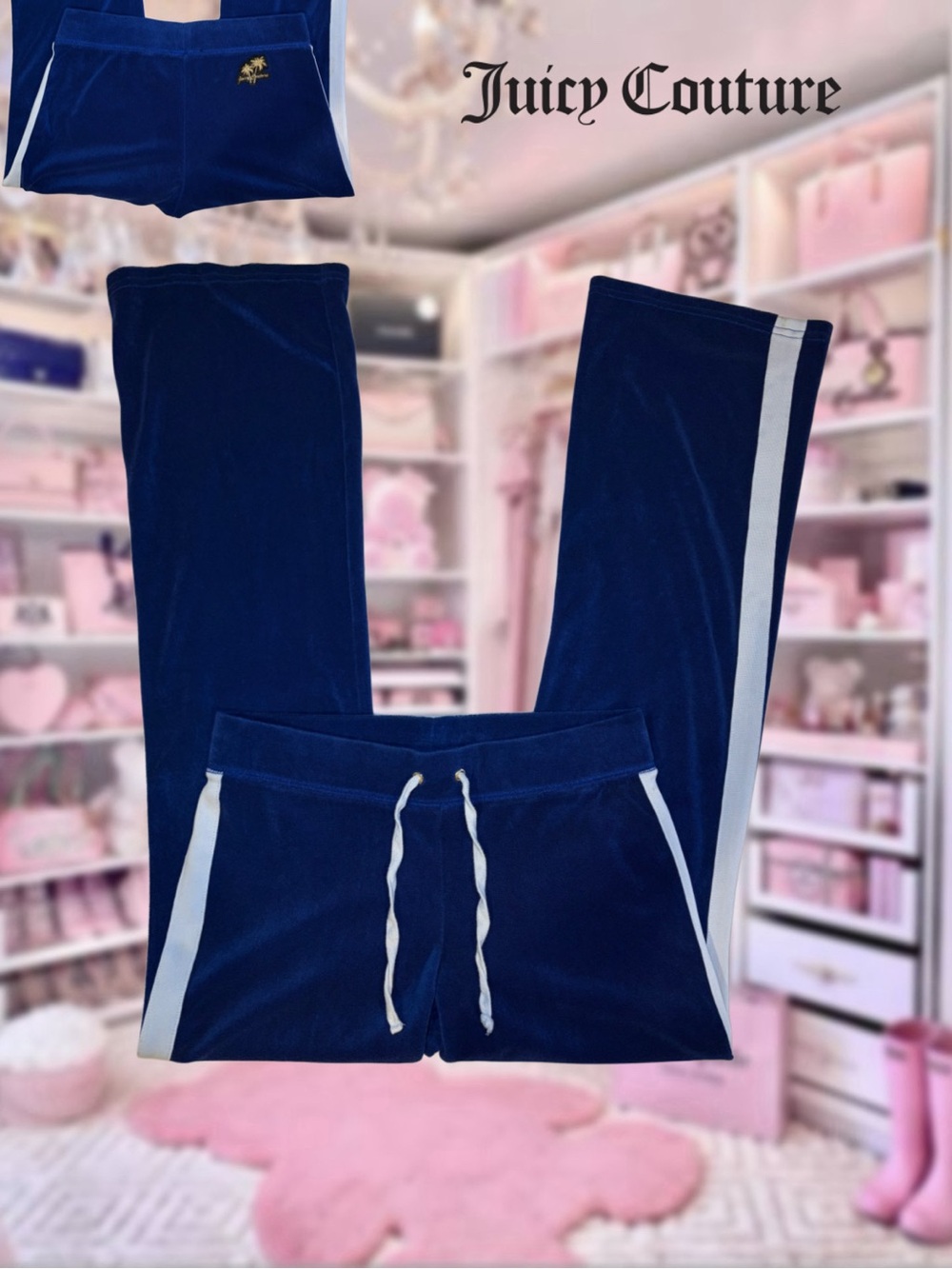 Juicy Couture Black Label Royal Blue Terry Track Pants Palm Tree Y2K Size Small